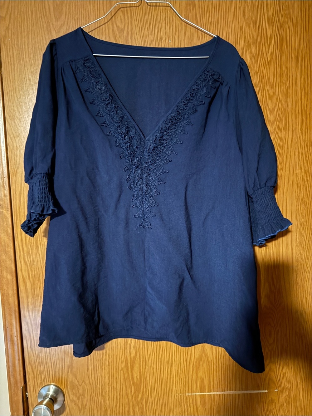SHEIN Navy V-Neck Lace-Trim Blouse
